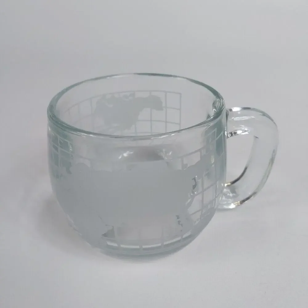 Vintage Nestle Nescafe Etched Clear Glass World Globe Coffee Mug Cup